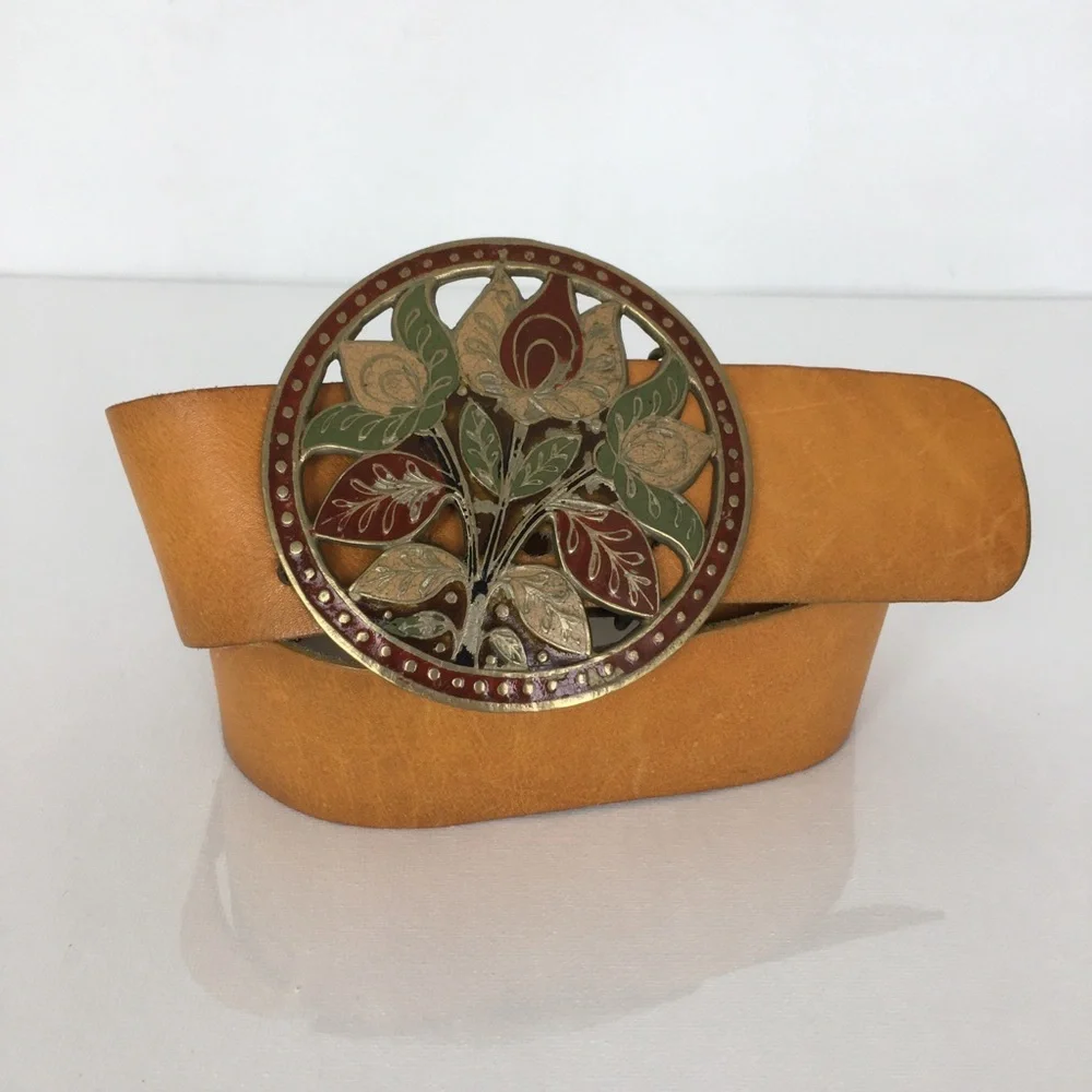 Rare 70s Vintage Leather Belt Brown Round Floral Enamel Buckle Retro Boho